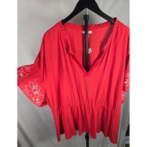 Maurices 4X Coral Red Embroidered Sleeve Peasant Top Boho Feminine Cottagecore
